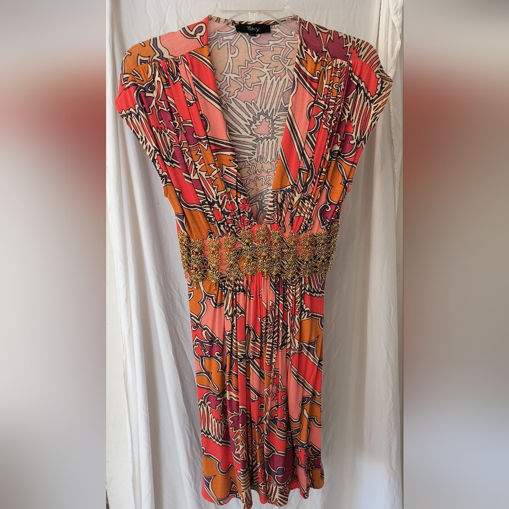 Sky Mini Dress Coral Orange-Pink Gold Embellishment